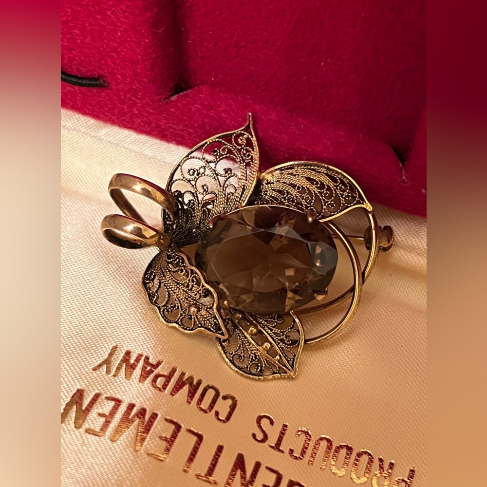 Gorgeous Vintage Smoky Quartz Brooch Pendant with Filigree Design